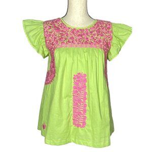J Marie Embroidered Blouse Top Womens XS Lime Green Pink Boho Mexican Style